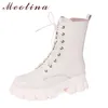 Meotina Plataforma de Couro Genuíno Alto Salto Médio Botas Botas Mulheres Sapatos Zipper Lace Up Grosso Botas de Motocicleta Botas Outono Inverno 210608