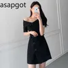 Asapgot Korean Slash Neck Off Shoulder Dress Solid Slim Empire Short Sleeve Mini Dress Single Breasted Chic Irregular A Line OL 210610