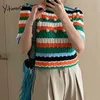 Yitimuceng Knited Women Sweaters Hollow Out Slim Short Puff Sleeve O-Neck Spring Summer Korean Fashion Orange Pink Tops 210601