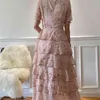 Woman Dress Pink Lace Mesh Embroidery Patchwork Short Sleeve O-neck Elegant Party Ball Gown Female Spring 210603