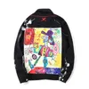 Мужчины Streetwear Graffiti Appliques Печатные джинсы куртка битник дыры свободные хип-хоп мотоцикл хлопок черные повседневные джинсовые куртки 210818