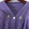 Surmitro dzianiny krótkie kardigan kobiety wiosna jesień z długim rękawem fioletowy haft kardigan kobieta sweter płaszcz dzianin 210712