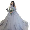 Plus Size Silver Princess Wedding Dresses Bridal Dress 2022 High Neck Lace Beaded Sweep Train Long Sleeve Arabic Church Wedding Go2430