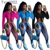 Chándales de mujer Diseñador Impreso Dos piezas Camisa de manga larga a juego Turn Down Collar Crop Top Entrenamiento Legging Ropa femenina