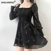 秋の女性のセクシーな黒いドレスビンテージフラワーロングパフスリーブシフォンドレス韓国のカジュアルなミニVestidos Mujer服210915