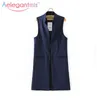 Aelegantmis Stand Collier Mode Noir Blazer Gilet Femmes Long Gilet OL Élégant Cardigan Sans Manches Manteau Dames Dos Slit 210607