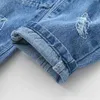 Vår höst för 2 3 4 6 8 9 10 år småbarn elastisk lång stilig med pocket hål denim blå jeans för barn baby pojke 210701