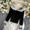 Lady Fashion Lace V Collar Retro Velvet Tops Women's Long Sleeve Clothes Blouses Harajuku Vintage Blouse P989 210527