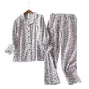 Pijamas de leopardo vintage conjuntos mulheres 100% escovado algodão inverno sleepwear moda flannelette pijama para 210830