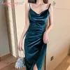 AELEGANTMIS Casual Velvet Miękkie Spaghetti Pasek Sukienka Kobiety Lato Chic Beach Długi Slip Kobieta Sexy Vestidos Mujer Split 210607