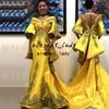 Aso Ebie Arabic Mermaid Prom Dresses 2022 Yellow Stain 3D Floral Applique Sheer O-neck Caftan Dubai luxe Evening Dress Wear