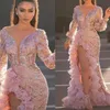 2021 Vestidos de noche rosados Use vaina Mangas largas Ilusión Cristal Rebordear Lado alto Dividir el piso Longitud Vestido de fiesta Vestidos de fiesta OP322W