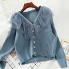 LY VAREY LIN Elegant Tulle Patchwork Single Breasted Knitted Sweater Coat Autumn Casual Female Solid 210526