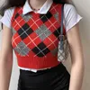 Argyle Sweater Vest Kvinnor Svart Ärmlös Plaid Stickade Grödor Sweaters Casual Höst Preppy Style Topps V Neck Vintage 211009