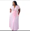 Vrouwen jurk korte mouw V-hals losse effen casual plus size lange maxi-jurk met pockets hite roze (XL-5XL)