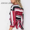 Jocoo Jolee Sexy Deep V-Neck Women Colorful Striped Blouse Lace up Design Nine Quarter Sleeves Summer Wearings 210619