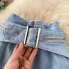 Design Kvinnor Jeans Skirt High Waist Front Zipper Belt Mini Korea Chic Temperament A-Line Short 210603