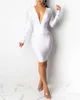 Kobiety Sexy Deep V-Neck Długi rękaw Tassel Design Bodycon Dress Y0726