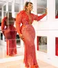 Plus size Arabische aso ebi rode luxueuze sprankelend prom -jurken kralen veren sexy avond formeel feest tweede receptie jurken jurk zj324 407