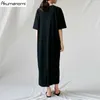 Black Women Cotton Long Slit Dresses Summer Plus Size 7xl 6xl 5xl 4xl Xxxl Xxl O Neck Short Sleeve Maxi Loose Dress Casual 210309