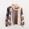 Suéter de invierno para mujer, jersey holgado de punto cálido, jerséis de bloque de Color a la moda, suéteres de rayas con mangas acampanadas 211011