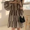 Yitimuceng Vintage Print Dresses for Women Oversize Flare Sleeve Loose Waist Sundress Spring Summer Korean Fashion Dress 210601