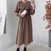Koreański O-Neck Szyfonowy Hollow Out Długi Rękaw Suknie Podstawowe Elastyczne Talii Vintage Kwiatowy Drukuj Vestidos Fashion Spring 210601