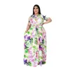 Plus-size tweedelige jurk met geometrisch patroon, dames, korte mouwen, slim-fit crop top en geplooide maxi-rok, oversized trainingspak4474883