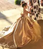 Ouro Primeira Comunhão Vestidos Crianças Vestido De Esfera De Noite Gold Applique Bow Long Girls Pageant Dress Lace Tulle Flor Menina Vestidos 2021
