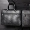 Men Mini Briefcase Handbags Laptop Bag Cowskin Genuine Leather Woven Commercial Business Men's Bags Small Size