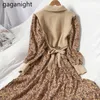 Mode Lace Up Women Maxi Jurk Corduroy Turn Down Collar Knit Chic Floral Sweater Es Winter Vestidos 210601