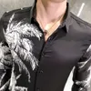 秋の男性のシャツの葉プリント長袖カジュアルスリムフィットシャツフォーマルなドレスソーシャルパーティーブラウスハワイトップスカミサマスコリン210527