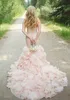 Errötende rosa Kleider Meerjungfrau Kristalle Perlen Rüschen geraumigt Schatz Ausschnitt Sweep Zug Schnüre Rücken Land Hochzeitskleid Vestido 403 403