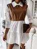 Chic Fake Duas Partes Costura Vestido Mulheres Elegante Camisa Colares Ruffles Dress Senhoras Primavera Verão Branco Preto Preto Vestidos 210521