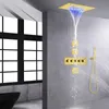 Termostatico in oro spazzolato 14 x 20 pollici LED Cascata a pioggia Soffione doccia di fascia alta Miscelatore per vasca Set getto spruzzatore per il corpo Tutte le funzioni possono funzionare insieme