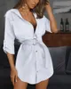 Dames slanke sexy shirt jurk v-neck zomer vrouw stevige kleur ol riem revershals jurken vrouwen mode casual kleding