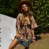 [DEAT] SOMMAR FASHION V-Neck High Waist Bandage Half Sleeve Printing Loose Bohemian Style Dress Women 13c644 210527