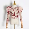 TWOTYLE Embroidery Butterfly Mesh Shirt Women O Neck Puff Sleeve Top Perspective Blouse Female Fashion 210721