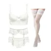 Varsbaby Thin Cotton Lace Sexy Comfortable Breathable Bra Set 4 Piece Bra+Panties+Garter+Stockings 211104