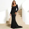 Feestjurken fishtail one-line kraag lange mouw jurk tule elegante middelgrote zeemeermin bruidsjurken zwarte avond vrouwen
