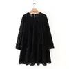 Kadınlar Yüksek Sokak Doku Desen Siyah Rahat Gevşek Mini Elbise Sonbahar Bayanlar Fener Kol Vestidos Chic Fırfır Elbiseler DS2950 210309