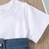 Yaz Moda Çocuk Kız Giysileri Setleri Kısa Kollu Katı A-Line Elbise + Denim Mavi Yelek Kemer 2 adet Çocuk Kıyafetleri 371 U2