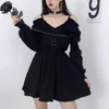 肩のハイウエストの女性のドレスオフ肩の長袖の服春210525のためのゴシック包帯黒のセクシーなドレス
