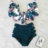 Floral Ruffled Hem Bikini Set Women Flora V-Neck High-Waisted Two Piece Swimsuit Girl Beach Bathing Suit Swimwear Biquinis 210611