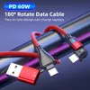 Cavi PD 60W da 180 gradi 2 in 1 USB-A da USB-C a TYPE-C 3A Dati di ricarica rapida Ruota il cavo a gomito per Huawei Xiaomi / Laptop