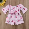 Sommar toddler baby tjejer kläder randig blommig tryck båge romer en bitar bodysuits 210528