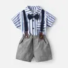 Keelorn Boys Elegant Clothes Set 2021 New Summer Striped Shirt and Overalls Outfits Short Sleeve Baby Bow Gentleman Suits 1-6t G1023