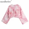 Summer Tie Dye Print Textured Blouses Drop Shoulder Long Sleeve Wrap Front Women Casual Blouse Sexy Deep V Crop Tops 210604