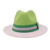 Lime Green and Pink Patchwork Party Festival Faux Wool Felt Flat Brim Jazz Fedora Hat for Women Men Summer Winter Casual Dress