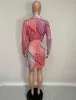 カラフルな縞模様のプリントターン襟長袖コートブレザーベルトスリムオフィスの女性のファッション女性のドレス卸売210525